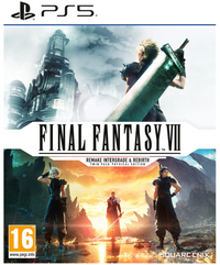 Cover of 'Final Fantasy VII Remake Intergrade Rebirth' for PS5 with characters and cityscape.