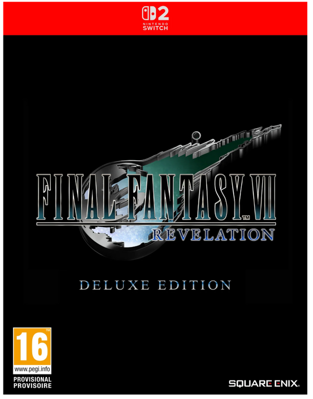 Front cover art for Final Fantasy VII: Revelation Deluxe Edition on Nintendo Switch, with a black background, the game title in metallic blue and silver lettering, a red Nintendo Switch banner at the top, a PEGI 16 rating box at bottom left, and Square Enix branding at bottom right.