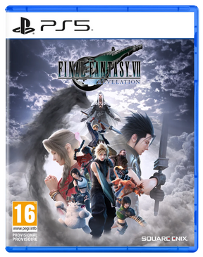 Front cover of the PlayStation 5 game Final Fantasy VII: Revelation, showing the PS5 logo at the top, character artwork in the center, a PEGI 16 rating mark at bottom left, and Square Enix branding at the bottom right.