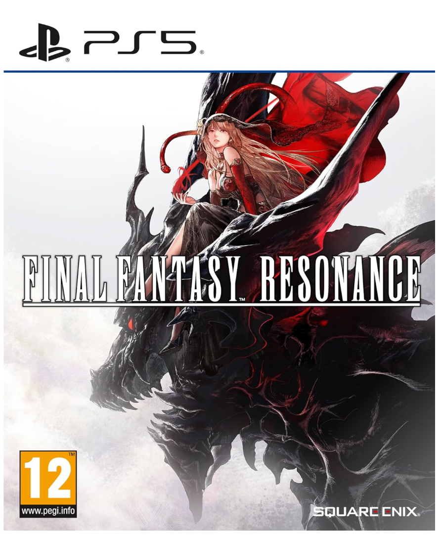 Front cover art for the PlayStation 5 game Final Fantasy: Resonance, featuring a fantasy scene with a woman in a flowing red cloak riding a dark dragon-like creature against a misty white background. The PS5 logo appears at the top, the game title is centered, and a PEGI 12 rating box is at the bottom left.