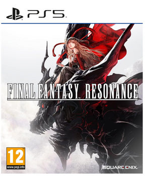 Front cover art for the PlayStation 5 game Final Fantasy: Resonance, featuring a fantasy scene with a woman in a flowing red cloak riding a dark dragon-like creature against a misty white background. The PS5 logo appears at the top, the game title is centered, and a PEGI 12 rating box is at the bottom left.