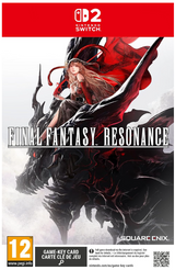 Nintendo Switch game cover for Final Fantasy Resonance, featuring a fantasy illustration of a woman in a flowing red dress riding a dark creature against a white and gray background. A red Nintendo Switch banner appears at the top, with a PEGI 12 rating badge at the bottom left and Square Enix branding at the bottom right.