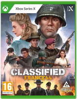 Front cover of the Xbox Series X video game Classified: France 44, featuring illustrated military and civilian figures, a green Xbox banner at the top, and the Absolutely Elite publisher logo at the bottom right.