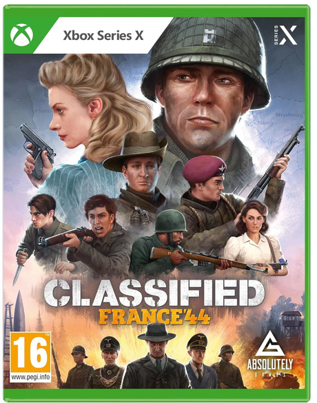 Front cover of the Xbox Series X video game Classified: France 44, featuring illustrated military and civilian figures, a green Xbox banner at the top, and the Absolutely Elite publisher logo at the bottom right.
