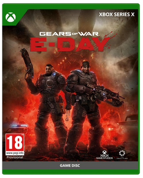 Front cover of the Xbox Series X Gears of War E-Day game disc, featuring two armored soldiers in a fiery red and dark smoky battle scene, with Xbox branding and an 18 rating badge.