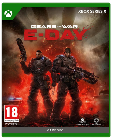 Front cover of the Xbox Series X Gears of War E-Day game disc, featuring two armored soldiers in a fiery red and dark smoky battle scene, with Xbox branding and an 18 rating badge.