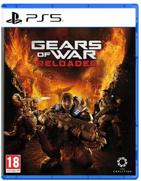 Gears of War Reloaded game cover for PS5 with fiery background and characters.