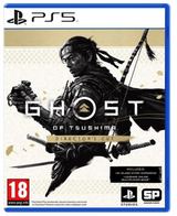 PlayStation 5 game disc cover for 'Ghost of Tsushima: Director's Cut' with a samurai warrior holding a sword.