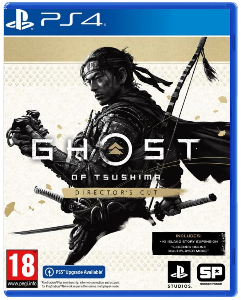 PlayStation 4 game case for 'Ghost of Tsushima: Director's Cut' with a samurai holding a bow.