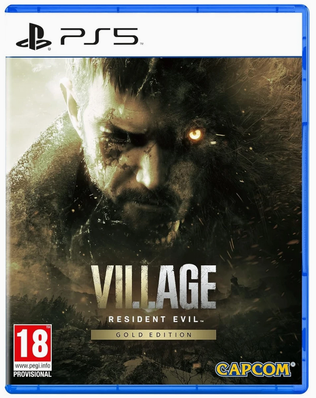 Game cover of 'Resident Evil Village' Gold Edition for PS5 with a dark-themed design.