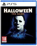 PS5 game case cover for Halloween The Game, featuring Michael Myers in a blue-lit scene on a black background, with PS5 branding at the top and an 18 rating badge at the bottom left.