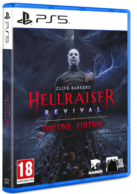 PS5 game case for Clive Barker's Hellraiser: Revival Day One Edition, shown at a slight angle on a plain white background. The case is blue plastic with the PS5 branding at the top and the game cover art featuring a dark, chain-covered figure with red title text.