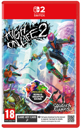 Nintendo Switch game case for High Life 2, featuring colorful skateboarding artwork, a red Nintendo Switch banner at the top, and a Squanch Games logo at the bottom right.