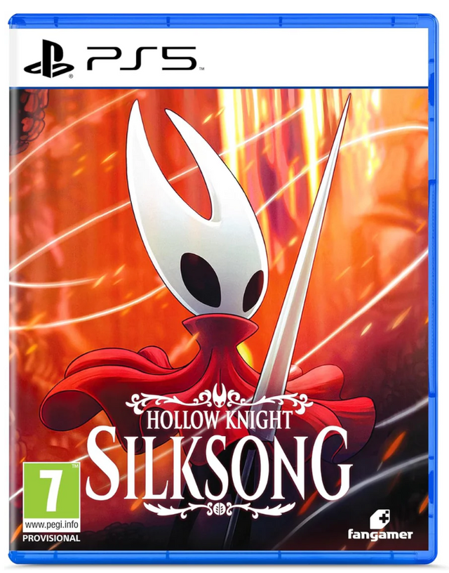 Front cover of the PS5 game Hollow Knight: Silksong, showing the white Hollow Knight with a red cape and sword against a fiery orange background, with PS5 branding, PEGI 7 rating, and Fangamer logo visible.