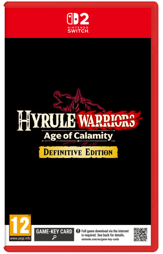 Nintendo Switch game case for Hyrule Warriors: Age of Calamy Definitive Edition, featuring a black cover with red and white title text, a red Nintendo Switch banner at the top, and a PEGI 12 rating banner at the bottom.