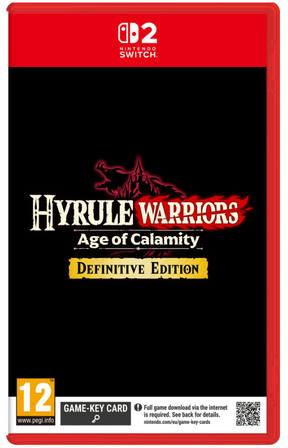 Nintendo Switch game case for Hyrule Warriors: Age of Calamy Definitive Edition, featuring a black cover with red and white title text, a red Nintendo Switch banner at the top, and a PEGI 12 rating banner at the bottom.