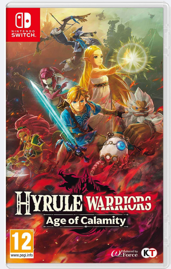 Game cover of 'Hyrule Warriors: Age of Calamity' for Nintendo Switch with characters and fiery design.