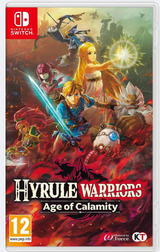 Game cover of 'Hyrule Warriors: Age of Calamity' for Nintendo Switch with characters and fiery design.