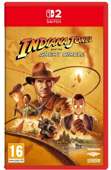 Video game cover for 'Indiana Jones and the Great Circle' on Nintendo Switch with red border and character illustration.