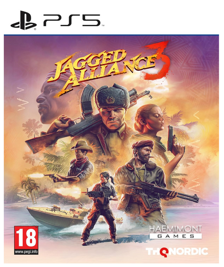 Jagged Alliance 3 game cover for PS5 with characters and weapons on a colorful background
