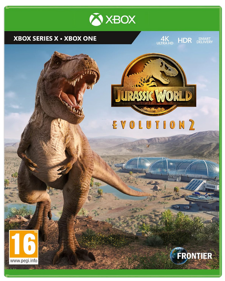 Game box for 'Jurassic World: Evolution 2' featuring a dinosaur and game title on a green background.