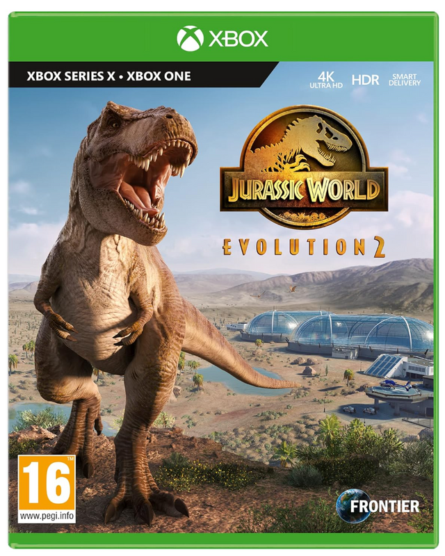 Game box for 'Jurassic World: Evolution 2' featuring a dinosaur and game title on a green background.