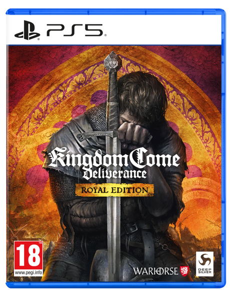 Kingdom Come Deliverance Royal Edition game cover for PS5 with a warrior holding a sword.