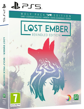 Front and spine views of the PlayStation 5 game box for Lost Ember: Rekindled Edition Wolf Pack Edition, featuring a stylized wolf silhouette in red, teal, and white over a soft forest background.