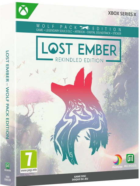 Front and spine views of the Xbox Series X Wolf Pack Edition for Lost Ember Rekindled Edition game box art, featuring a stylized wolf silhouette in red, teal, and blue over a soft forest background.