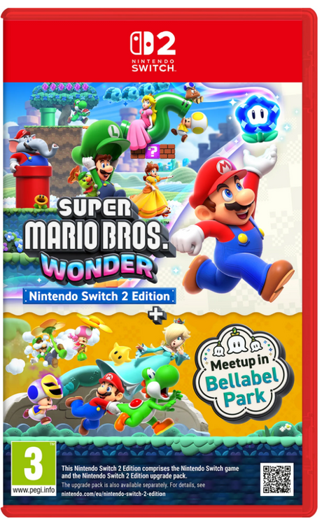 Super Mario Bros. Wonder Nintendo Switch 2 Edition packaging with characters and colorful design.