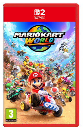 Nintendo Switch game cover of 'Mario Kart World' with colorful characters and a red border.