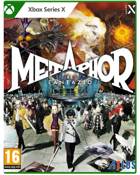 Game box for 'Metaphor: Re Fantazio' on Xbox Series X with colorful artwork and character images.