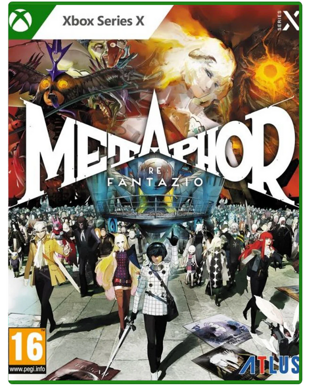 Game box for 'Metaphor: Re Fantazio' on Xbox Series X with colorful artwork and character images.