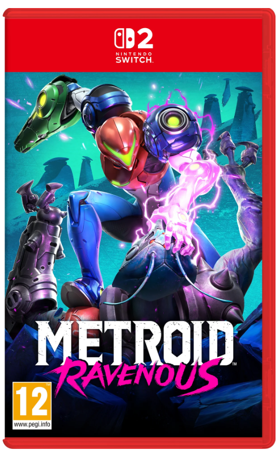 Nintendo Switch game case for Metroid: Ravenous, featuring Samus in a red and blue suit with a purple energy effect, on a red game case cover with Nintendo Switch branding and a PEGI 12 rating logo.