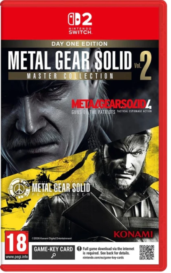 Nintendo Switch Day One Edition Metal Gear Solid Vol. 2 Master Collection game case cover, featuring a red border, character artwork, and Konami branding.