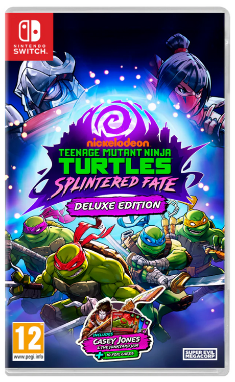 Nintendo Switch game console with Teenage Mutant Ninja Turtles Splintered Fate Deluxe Edition packaging.