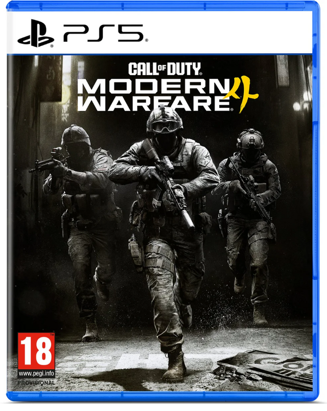 PlayStation 5 game case for 'Call of Duty: Modern Warfare 2' with soldiers in a dark setting.