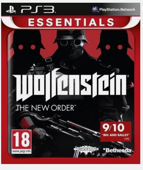 Game case for 'Wolfenstein: The New Order' on PS3 with a red and black design.