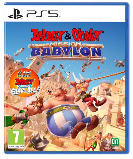Game box for 'Asterix & Obelix Mission Babylon' on PS5 with characters and cityscape.