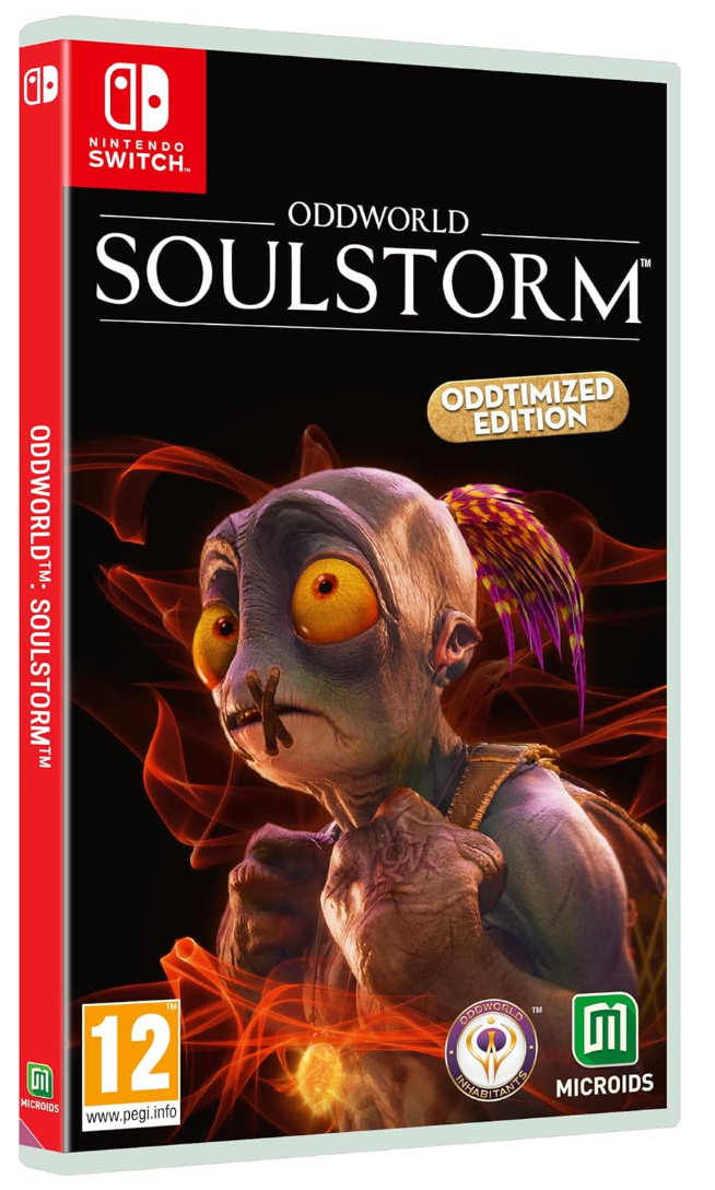 Nintendo Switch game console with 'Oddworld: Soulstorm' packaging featuring a character from the game.
