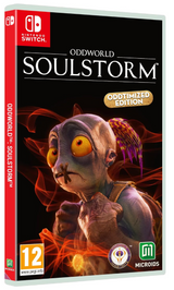 Nintendo Switch game console with 'Oddworld: Soulstorm' packaging featuring a character from the game.