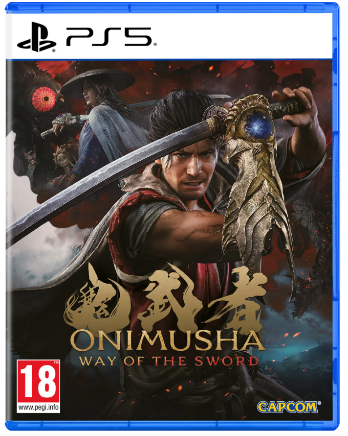 Game box for 'Onimusha: Way of the Sword' on PS5 with a character holding a sword.