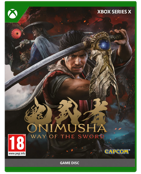 Game disc cover for 'Onimusha: Way of the Sword' on Xbox Series X with a warrior holding a sword.