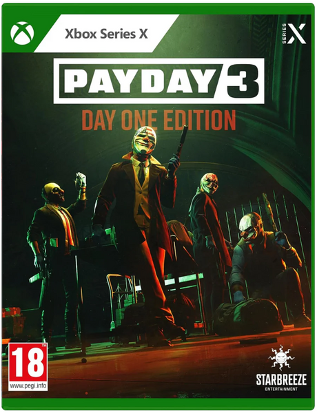 Cover of 'Payday 3' Day One Edition for Xbox Series X with characters in masks and suits.