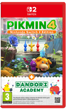 Nintendo Switch 2 Edition of Pikmin 4 with Dandori Academy, featuring colorful game cover art on a red Nintendo Switch 2 banner background.