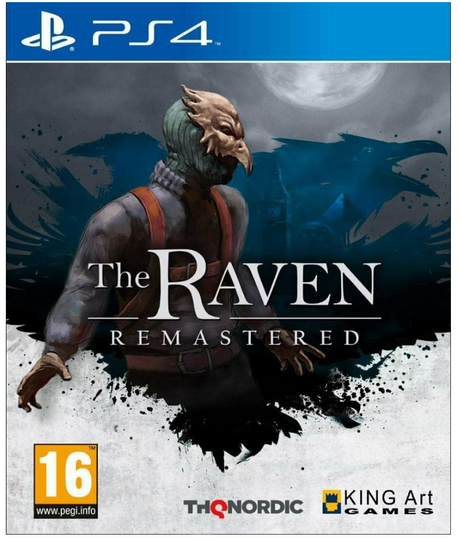Game cover of 'The Raven Remastered' for PS4 with a character in a snowy landscape.