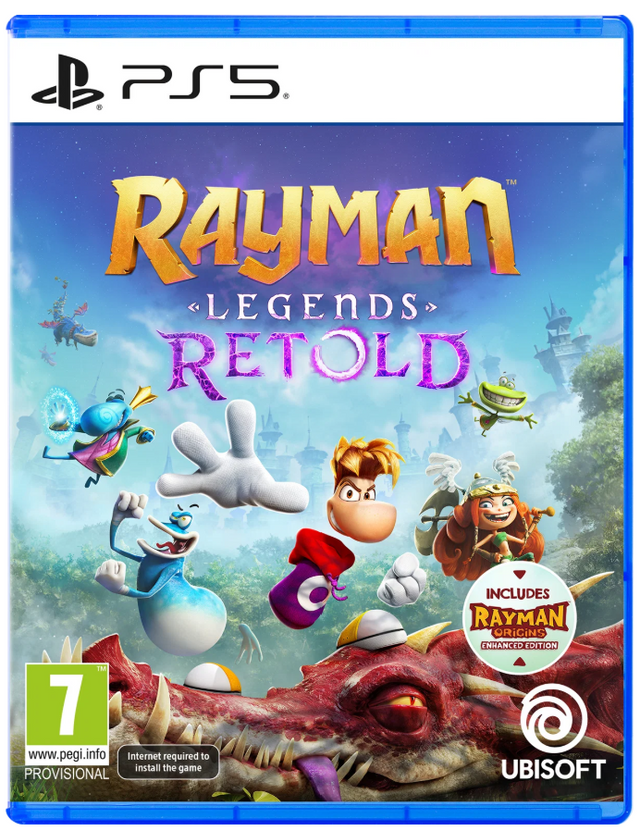 Front cover of the PS5 game Rayman Legends Retold, showing the PlayStation 5 branding, colorful cartoon characters, a dragon, and Ubisoft and PEGI 7 logos on a blue game case.