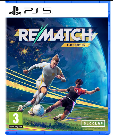 Game box for 'REMATCH Elite Edition' on PS5 with two players playing soccer.