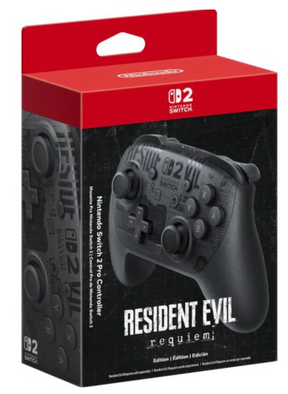Nintendo Switch Pro Controller packaging for 'Resident Evil Requiem' with red top and black controller image.