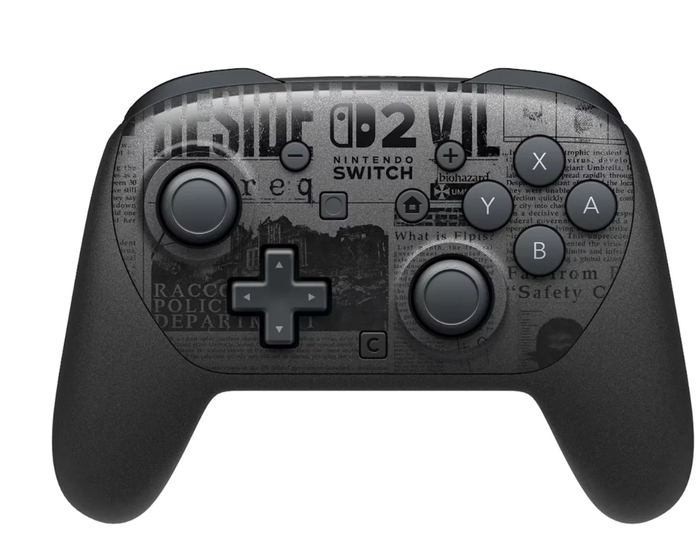 Black gaming controller with text and symbols on a white background